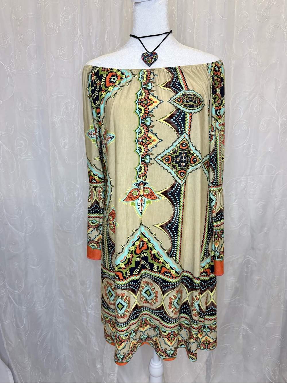 Honeyme Beige Off-Shoulder Long Sleeve Midi Dress with Multicolor Print